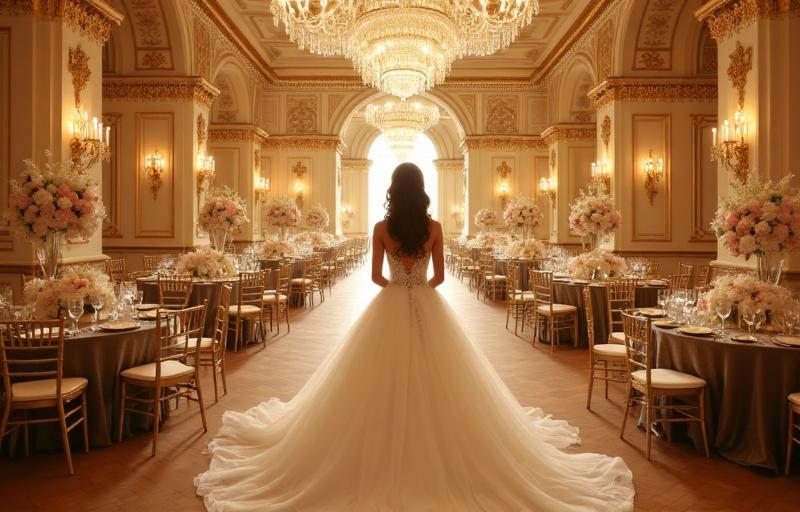Lavish ballroom, wedding reception, bride in grand gown