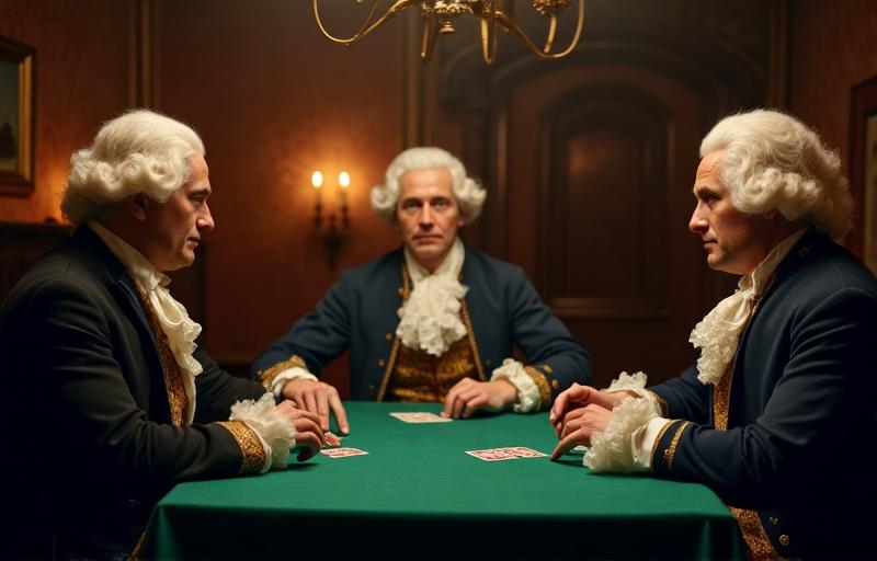 Historical poker game, period attire, white wigs