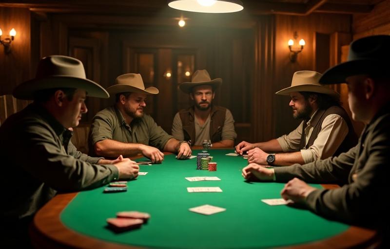 Poker table with green felt, men in cowboy hats, dim lighting