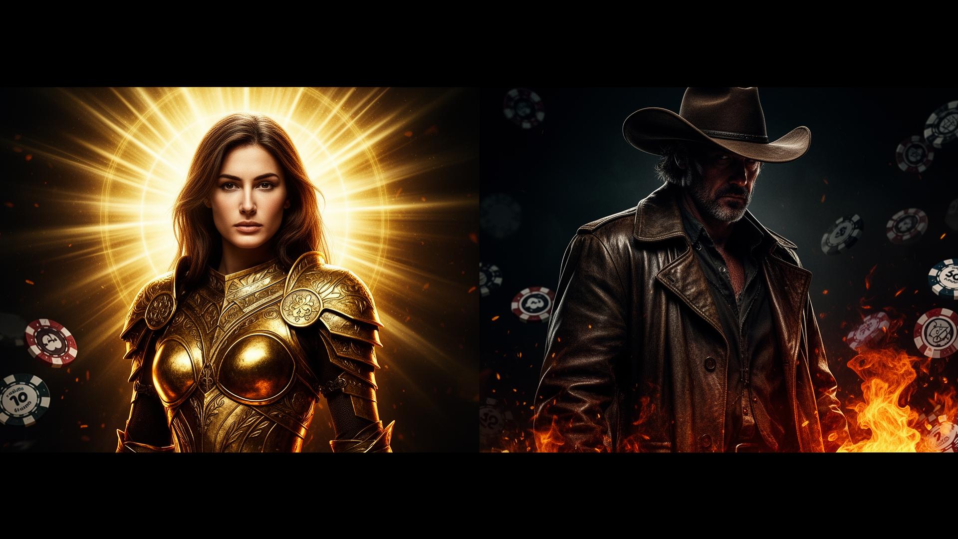 Split image: woman in golden armor on left, man in cowboy hat on right, casino chips in background